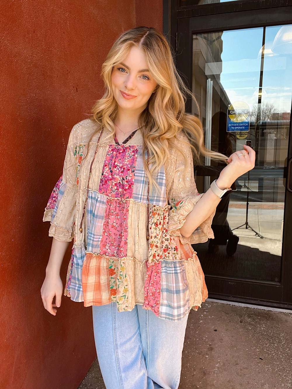 ZARA Retro Floral Plaid Patchwork 3/4 Sleeve Loose Top